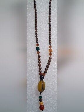 Brown and Amber Beaded Women's Necklace with Green Accent